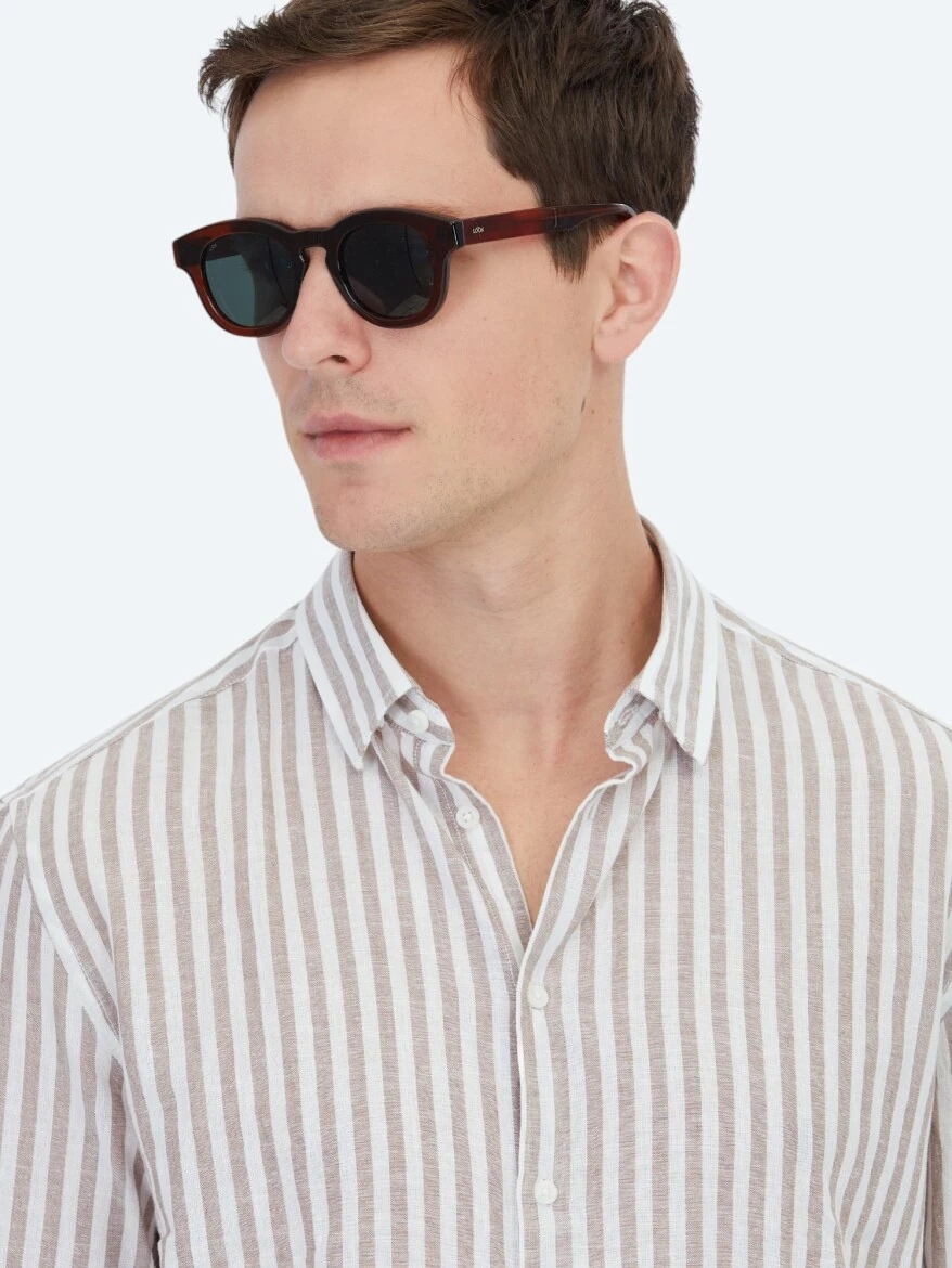 Koyu Kahve Çizgili Regular Fit Dokuma Casual Pamuk Karışımlı Gömlek - 3