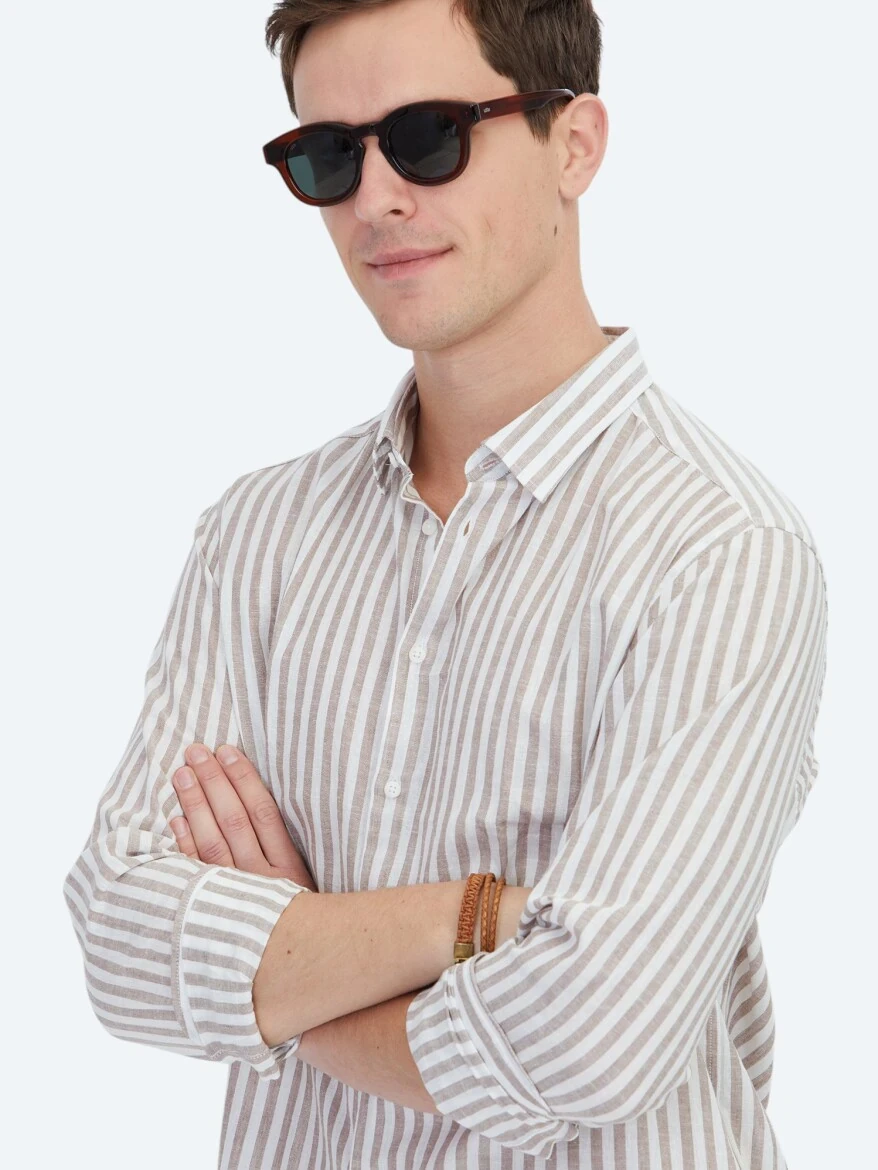 Koyu Kahve Çizgili Regular Fit Dokuma Casual Pamuk Karışımlı Gömlek - 4