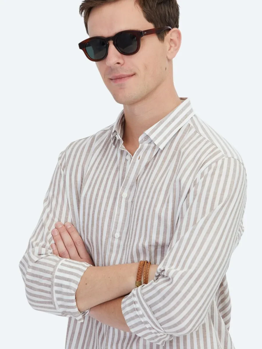 Koyu Kahve Çizgili Regular Fit Dokuma Casual Pamuk Karışımlı Gömlek - 4