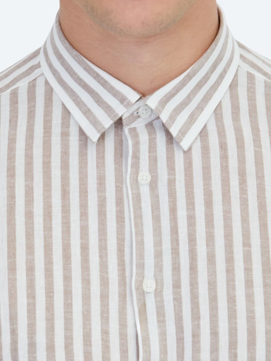 Koyu Kahve Çizgili Regular Fit Dokuma Casual Pamuk Karışımlı Gömlek - 5