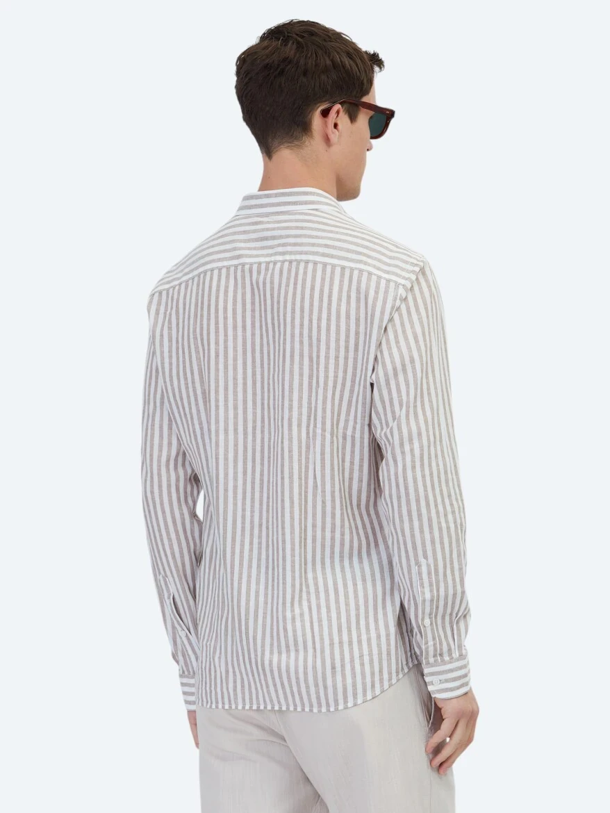 Koyu Kahve Çizgili Regular Fit Dokuma Casual Pamuk Karışımlı Gömlek - 6