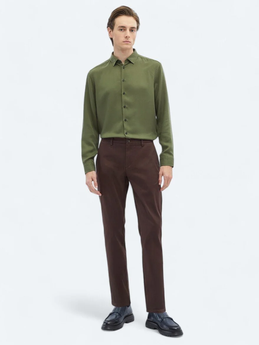 Koyu Kahve Dokuma Regular Fit Casual Pamuk Karışımlı Pantolon 