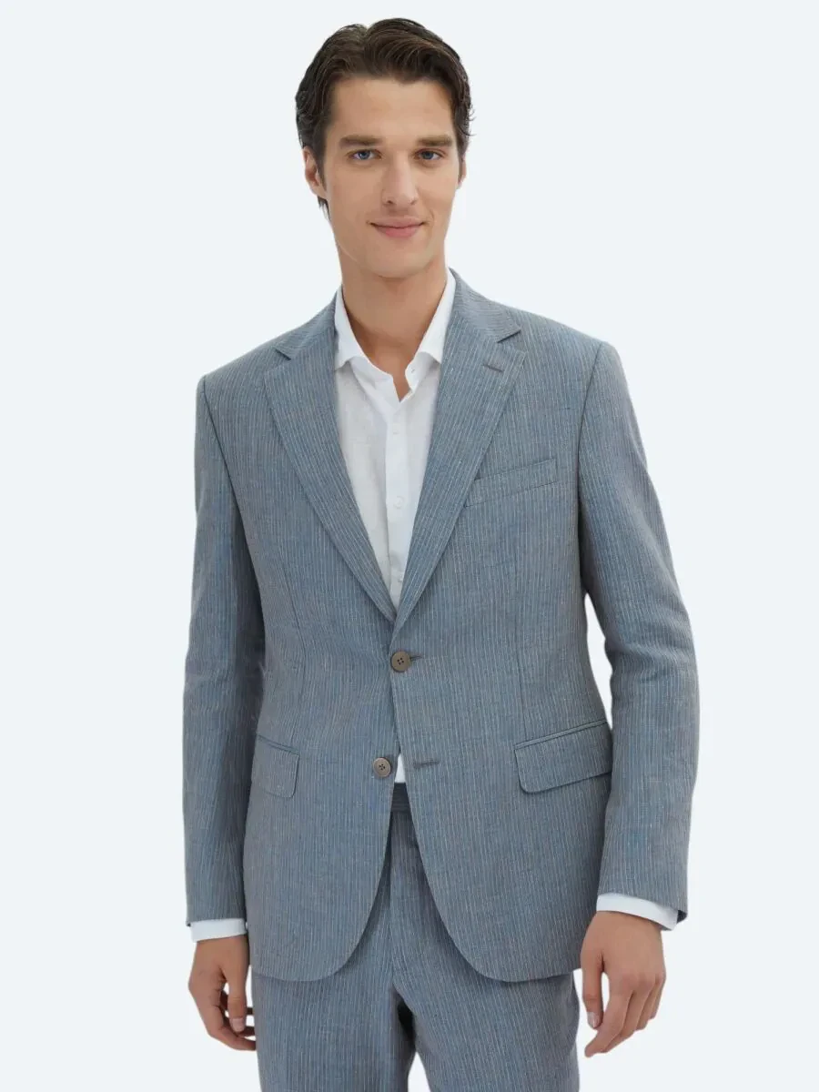 Koyu Mavi Çizgili Modern Fit %100 Keten Takım Elbise - 1