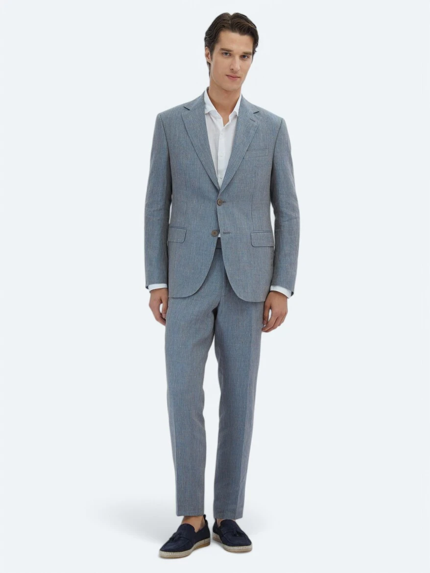 Koyu Mavi Çizgili Modern Fit %100 Keten Takım Elbise - 2