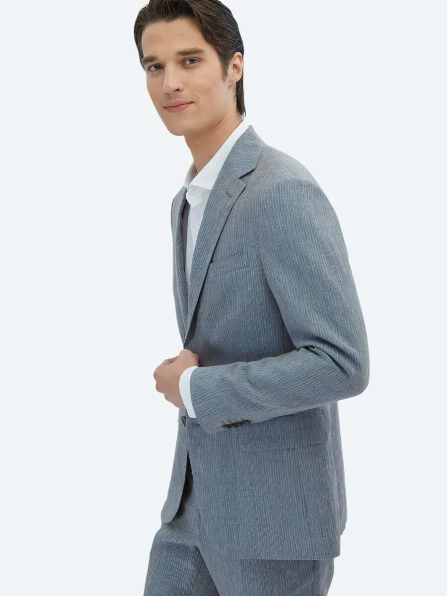 Koyu Mavi Çizgili Modern Fit %100 Keten Takım Elbise - 3