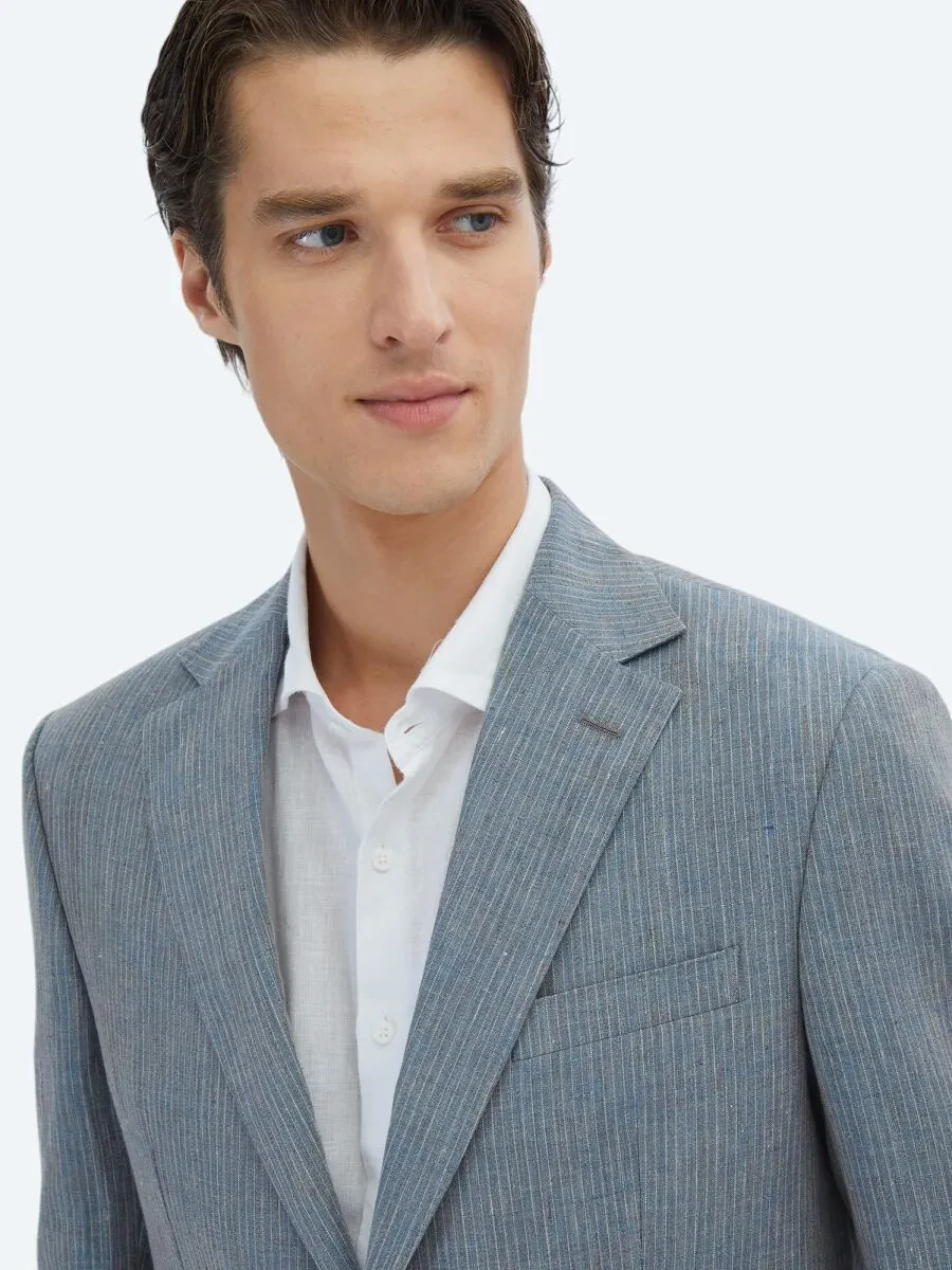 Koyu Mavi Çizgili Modern Fit %100 Keten Takım Elbise - 4