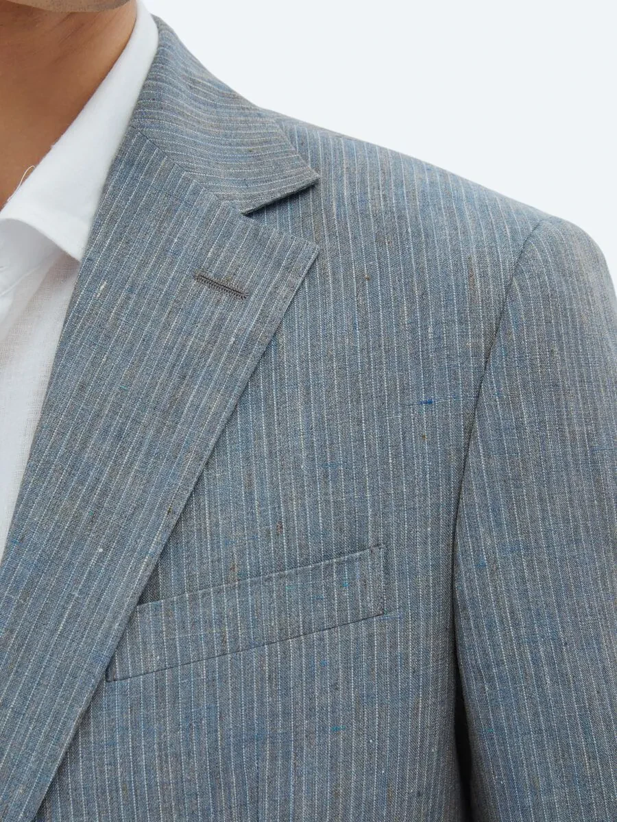 Koyu Mavi Çizgili Modern Fit %100 Keten Takım Elbise - 5