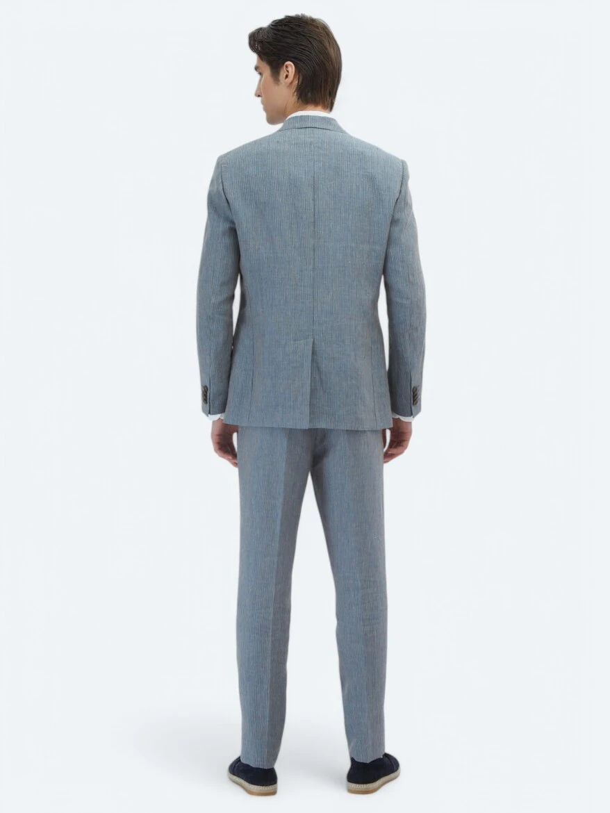 Koyu Mavi Çizgili Modern Fit %100 Keten Takım Elbise - 6