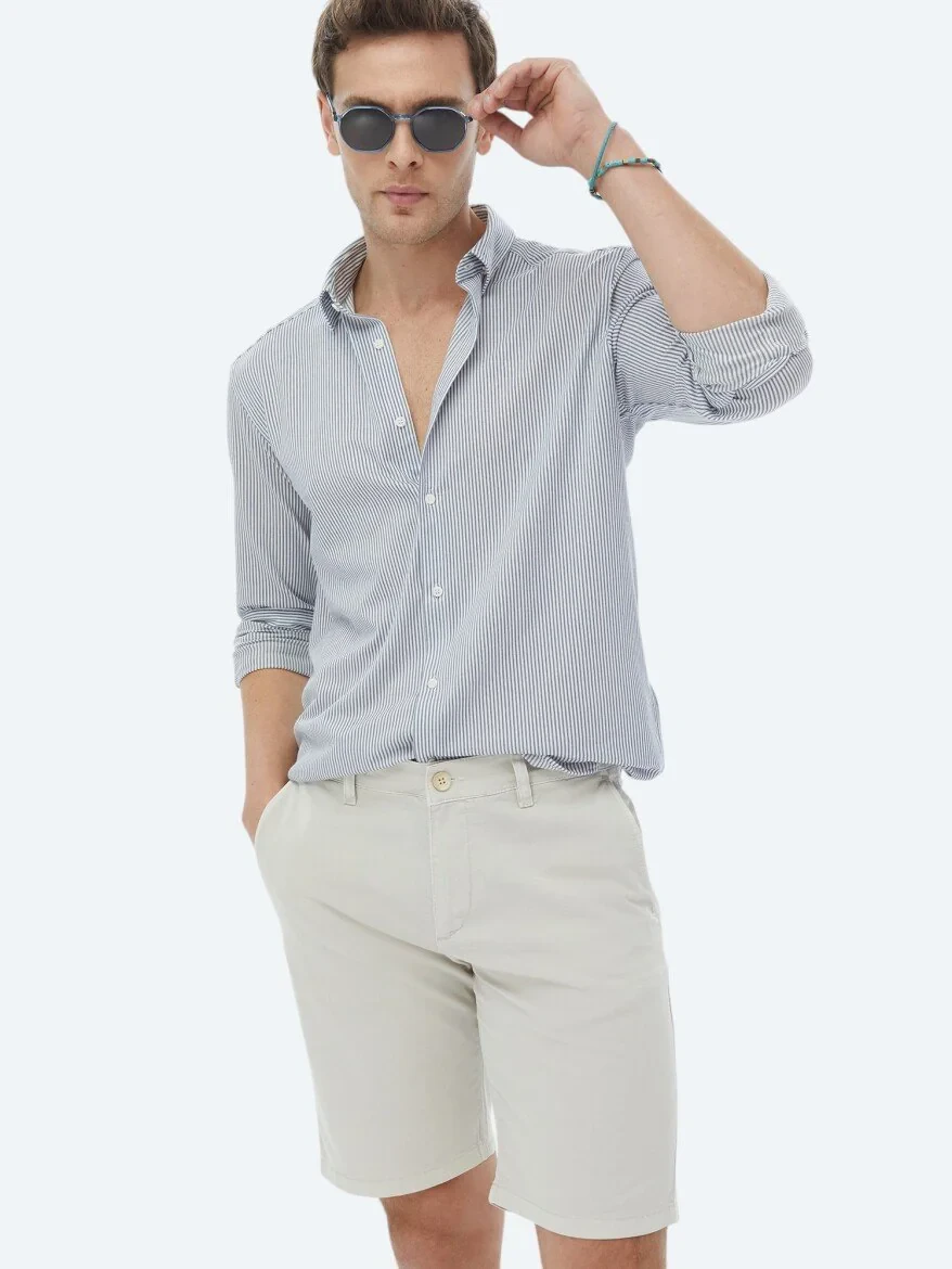 Koyu Mavi Çizgili Regular Fit Casual Pamuk Karışımlı Gömlek - 1