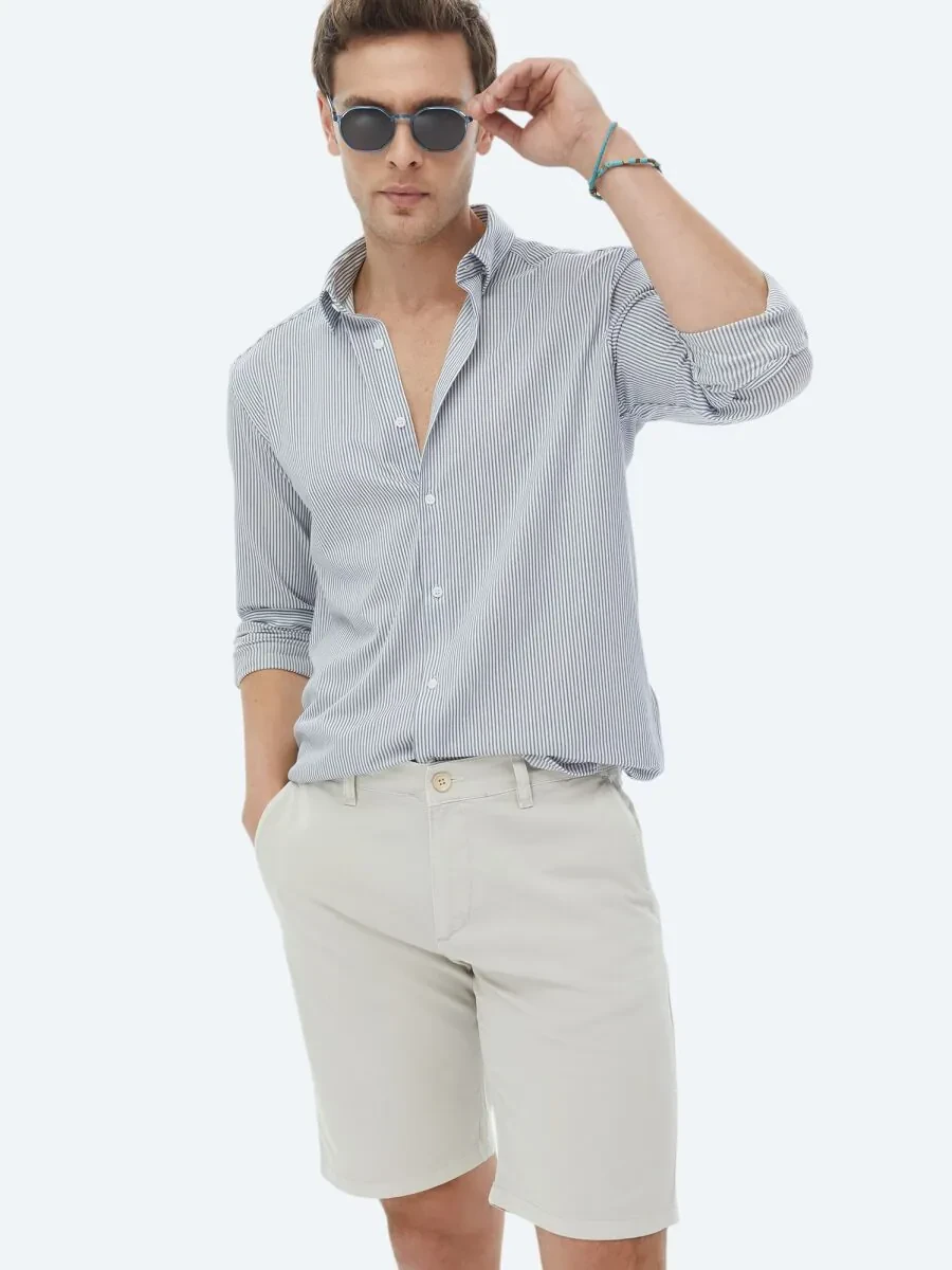 Koyu Mavi Çizgili Regular Fit Casual Pamuk Karışımlı Gömlek - 1