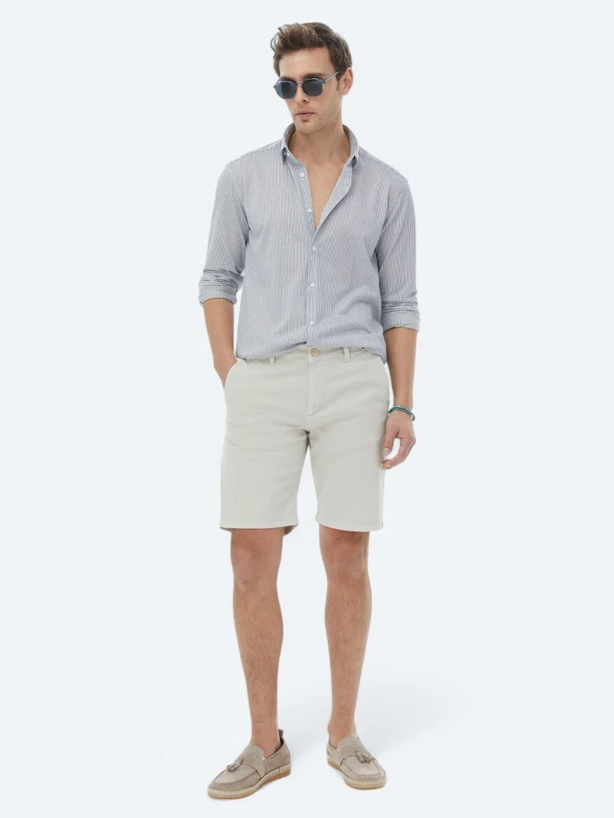 Koyu Mavi Çizgili Regular Fit Casual Pamuk Karışımlı Gömlek - 2