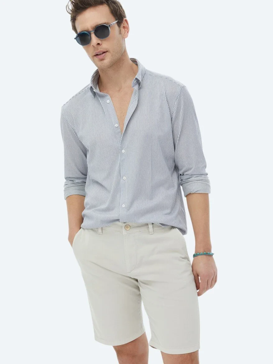 Koyu Mavi Çizgili Regular Fit Casual Pamuk Karışımlı Gömlek - 3