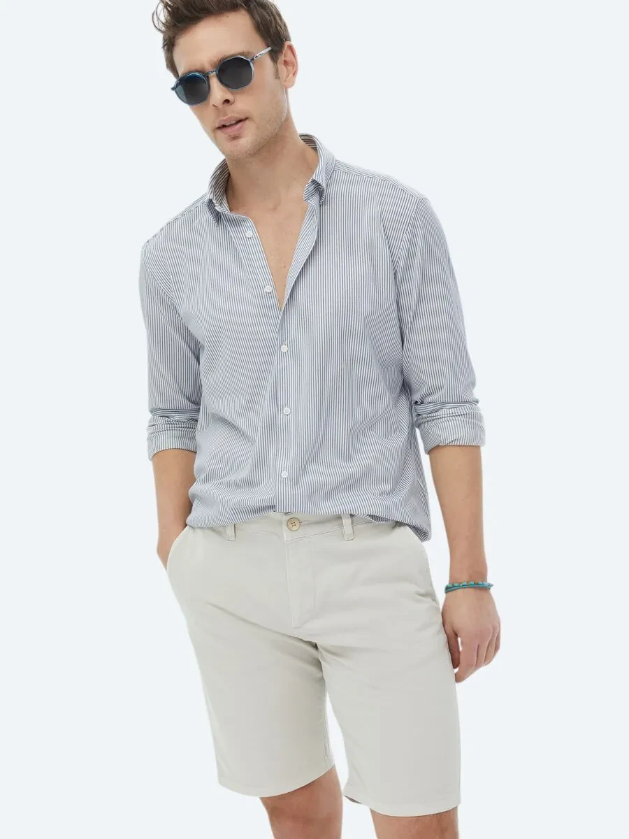 Koyu Mavi Çizgili Regular Fit Casual Pamuk Karışımlı Gömlek - 3