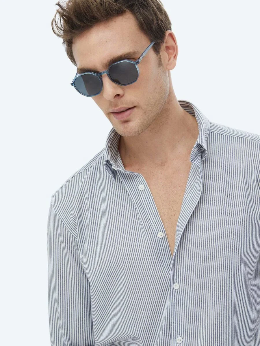 Koyu Mavi Çizgili Regular Fit Casual Pamuk Karışımlı Gömlek - 4