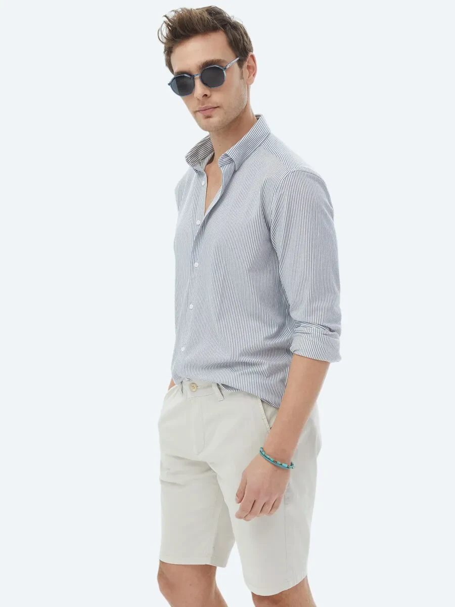 Koyu Mavi Çizgili Regular Fit Casual Pamuk Karışımlı Gömlek - 5