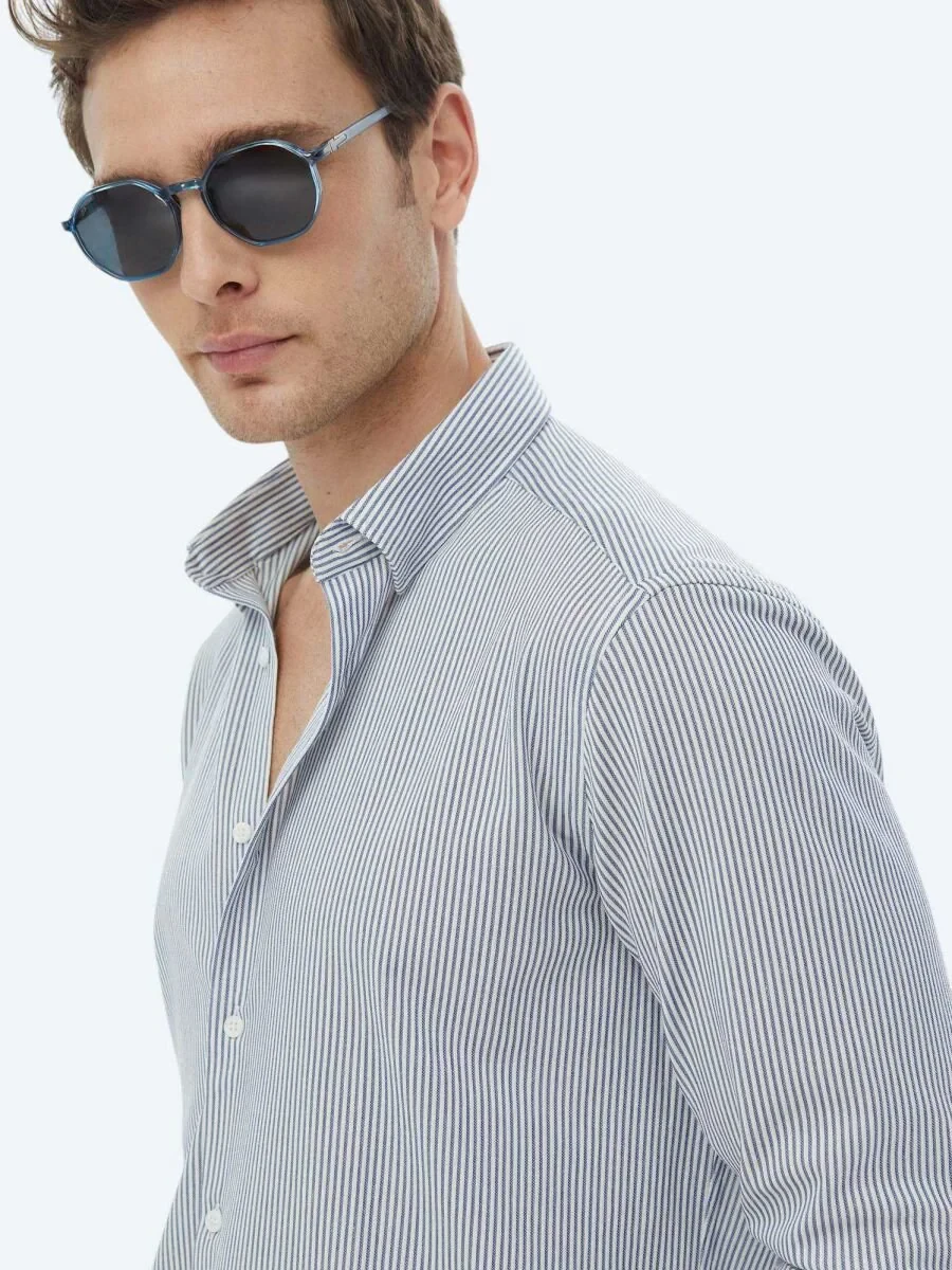 Koyu Mavi Çizgili Regular Fit Casual Pamuk Karışımlı Gömlek - 6