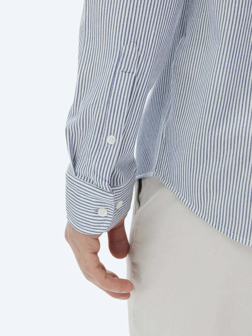 Koyu Mavi Çizgili Regular Fit Casual Pamuk Karışımlı Gömlek - 7