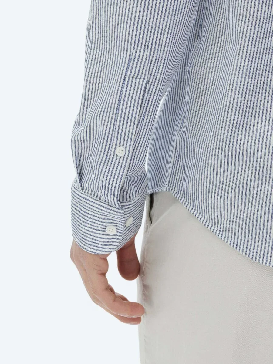 Koyu Mavi Çizgili Regular Fit Casual Pamuk Karışımlı Gömlek - 7