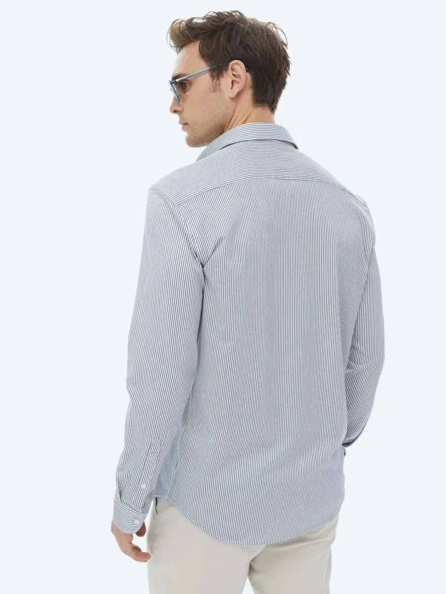 Koyu Mavi Çizgili Regular Fit Casual Pamuk Karışımlı Gömlek - 8