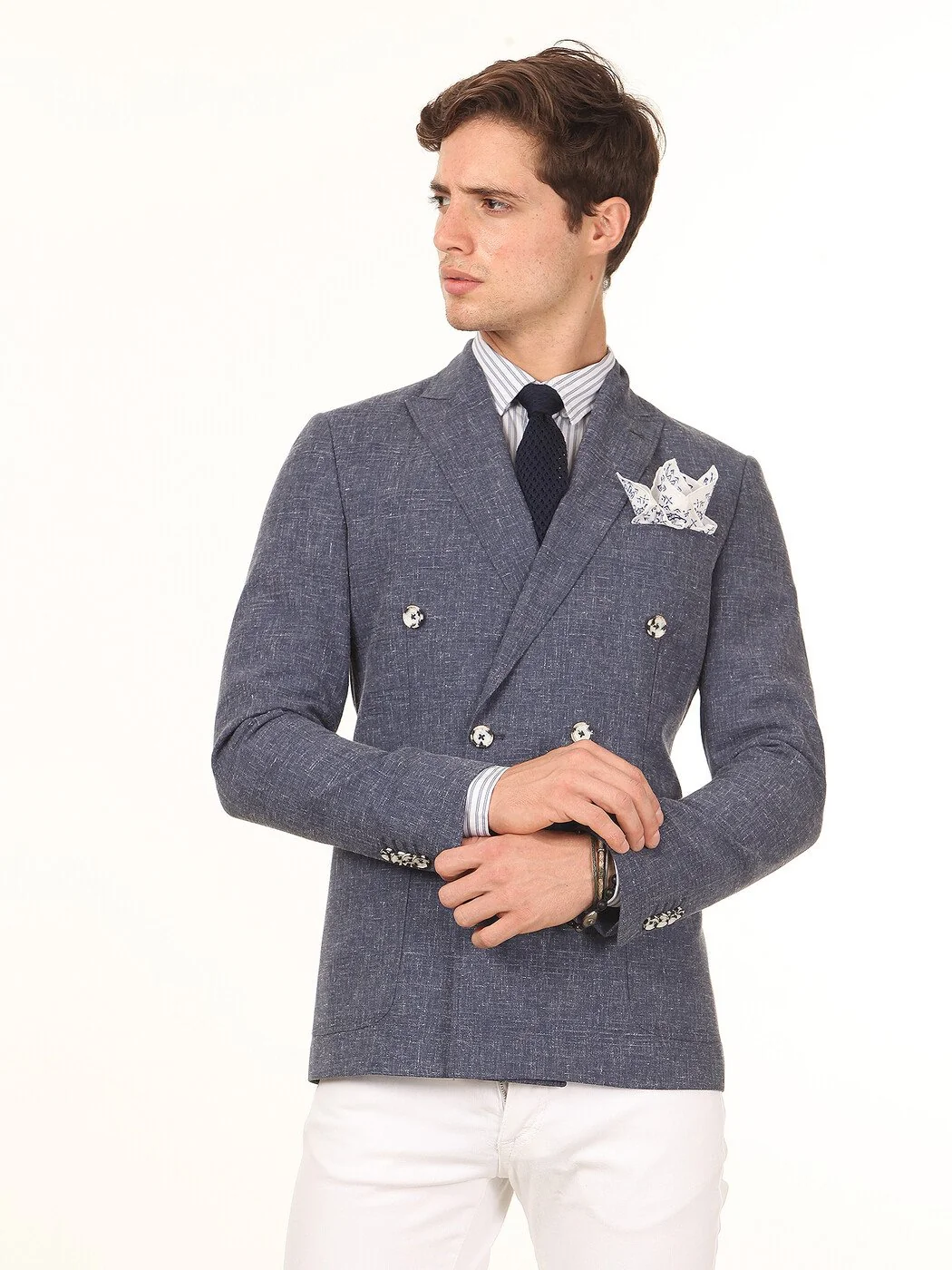 Koyu Mavi Desenli Slim Fit Keten Karışımlı Ceket - 1
