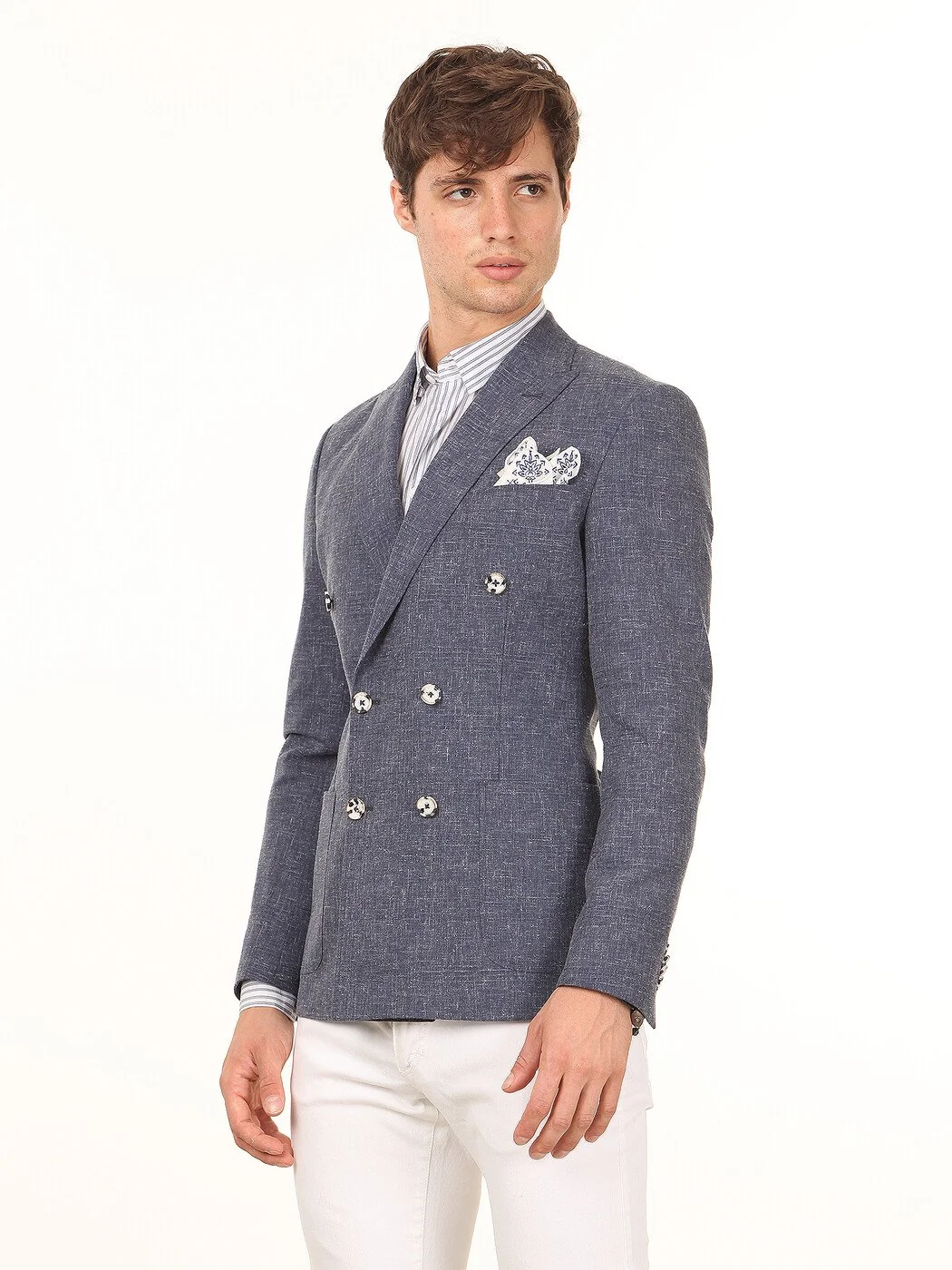 Koyu Mavi Desenli Slim Fit Keten Karışımlı Ceket - 2
