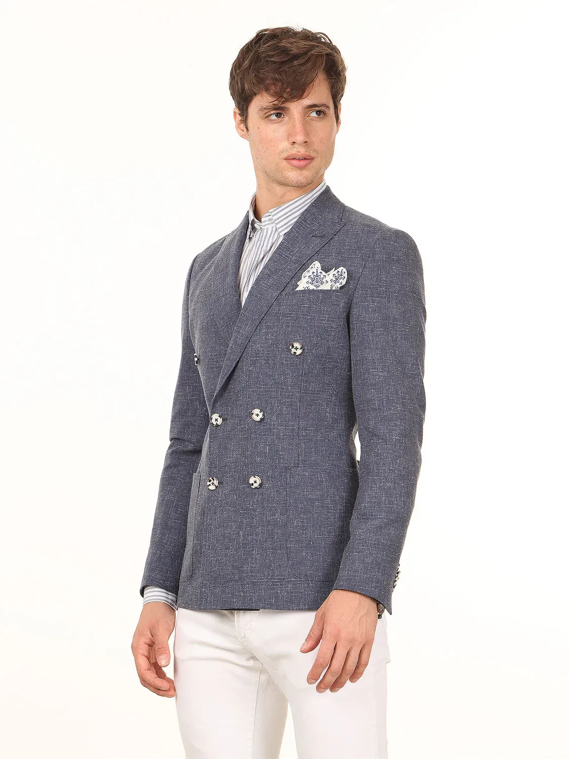 Koyu Mavi Desenli Slim Fit Keten Karışımlı Ceket - 2