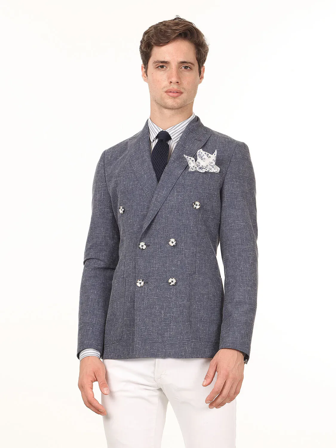 Koyu Mavi Desenli Slim Fit Keten Karışımlı Ceket - 3