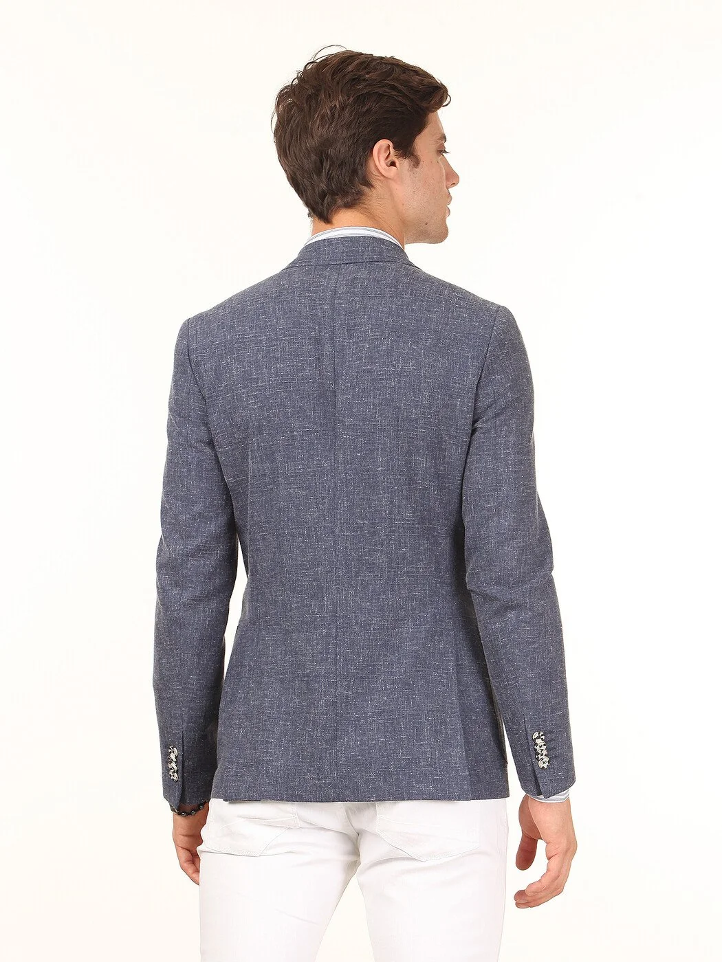 Koyu Mavi Desenli Slim Fit Keten Karışımlı Ceket - 4