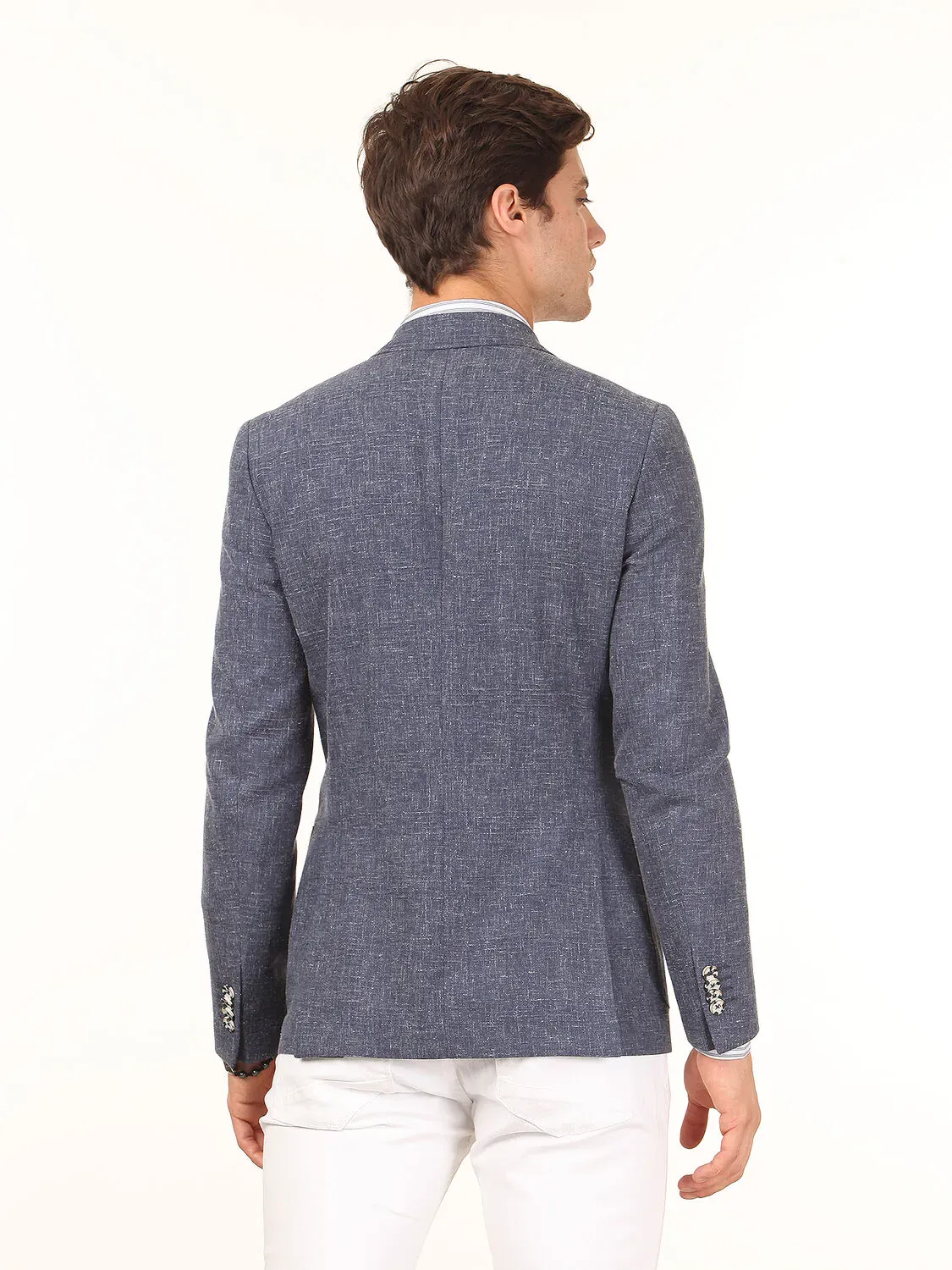 Koyu Mavi Desenli Slim Fit Keten Karışımlı Ceket - 4