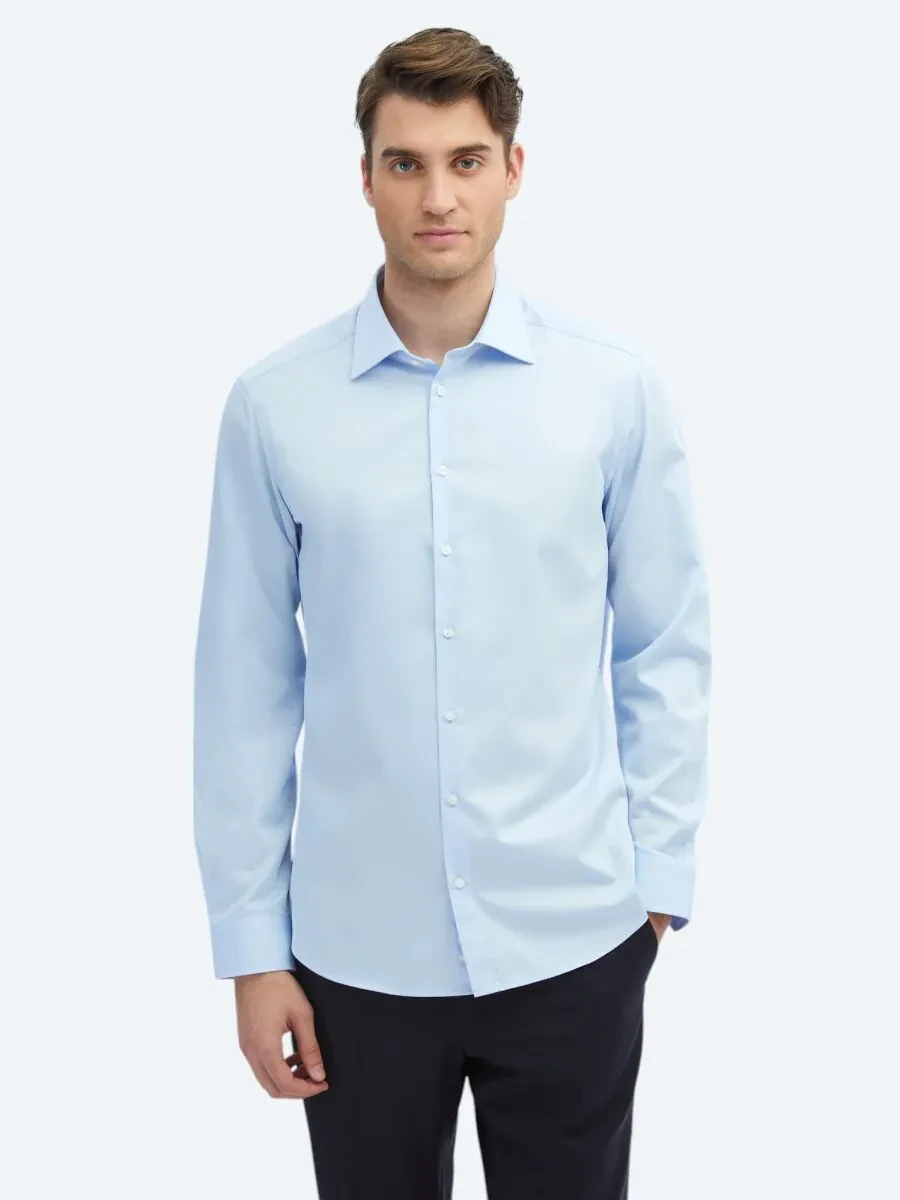 Koyu Mavi Düz Slim Fit Dokuma Klasik %100 Pamuk Gömlek - 2