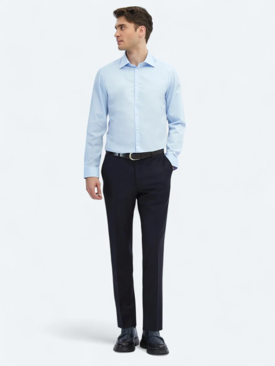 Koyu Mavi Düz Slim Fit Dokuma Klasik %100 Pamuk Gömlek - 3