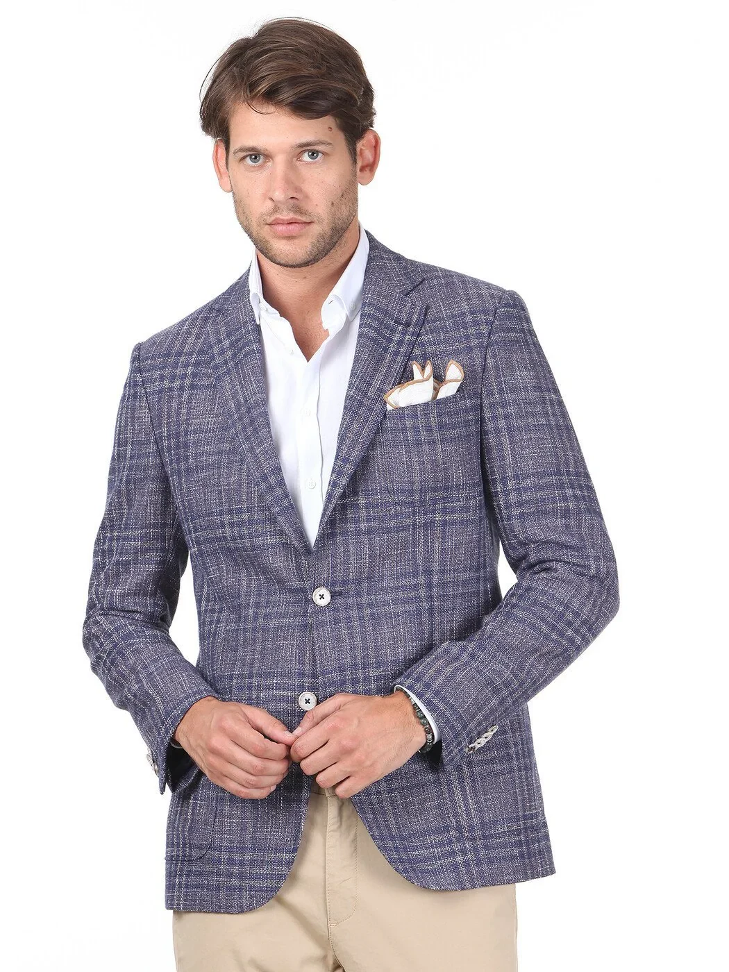 Koyu Mavi Kareli Modern Fit Pamuk Karışımlı Ceket - 1