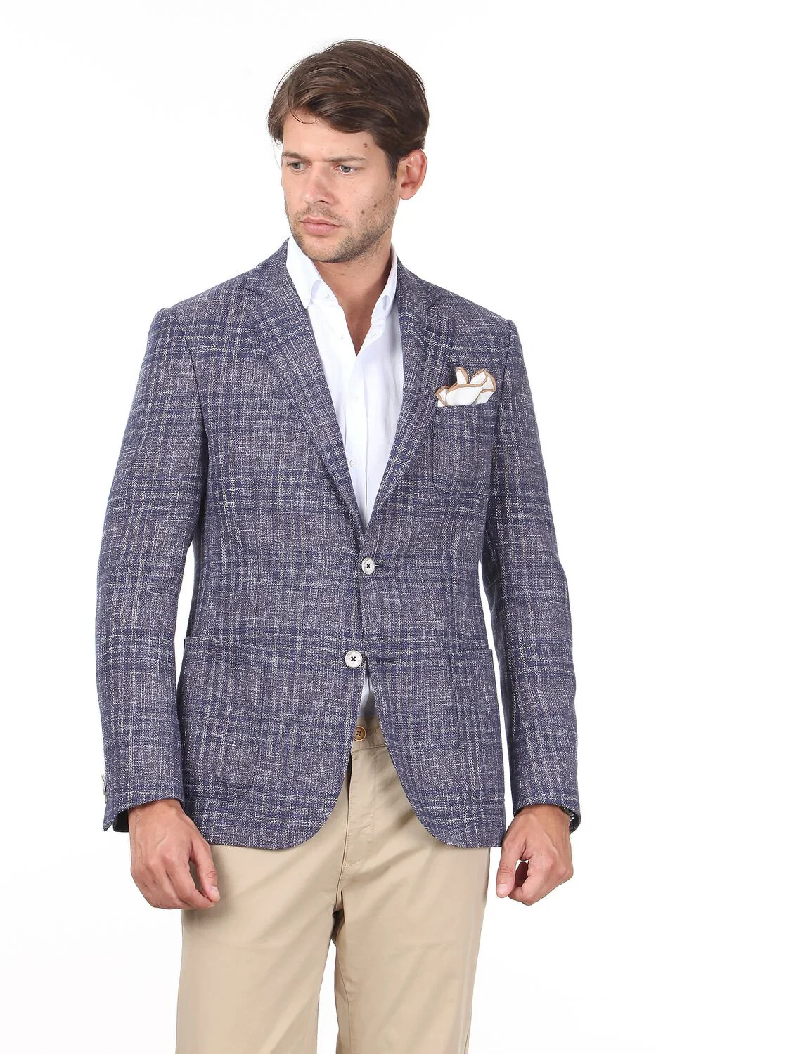 Koyu Mavi Kareli Modern Fit Pamuk Karışımlı Ceket - 2