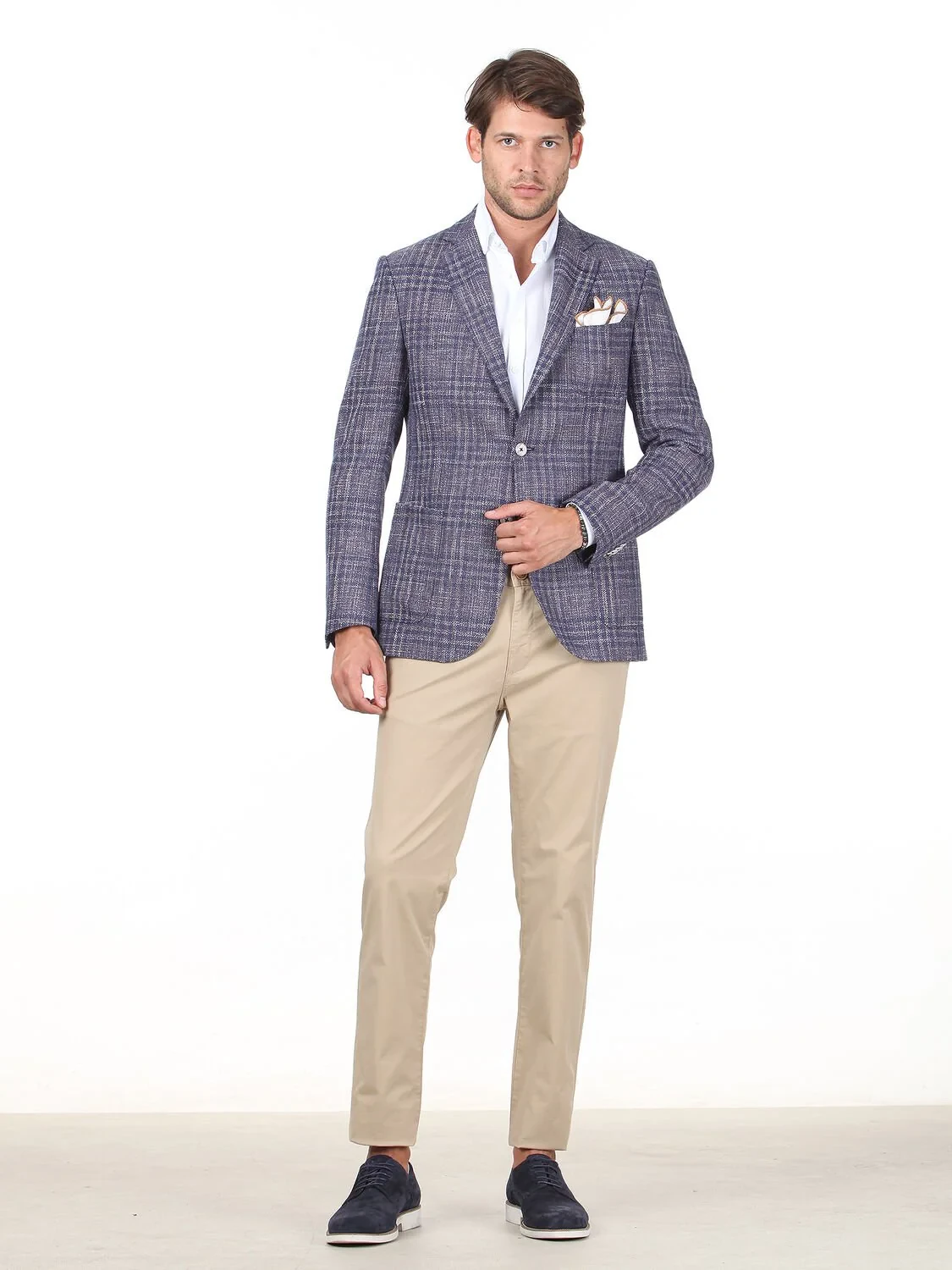 Koyu Mavi Kareli Modern Fit Pamuk Karışımlı Ceket - 3