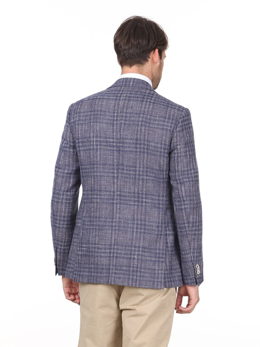 Koyu Mavi Kareli Modern Fit Pamuk Karışımlı Ceket - 4