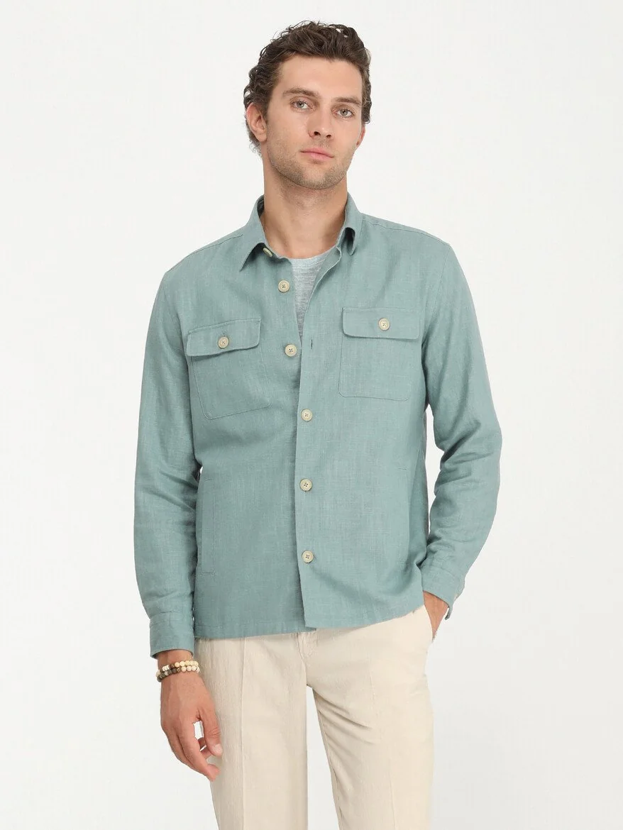 Koyu Mint Regular Fit Dokuma Overshırt - 4