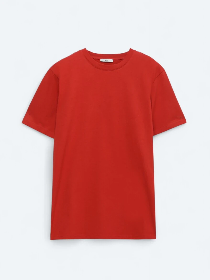 Koyu Turuncu Bisiklet Yaka %100 Pamuk T-Shirt 