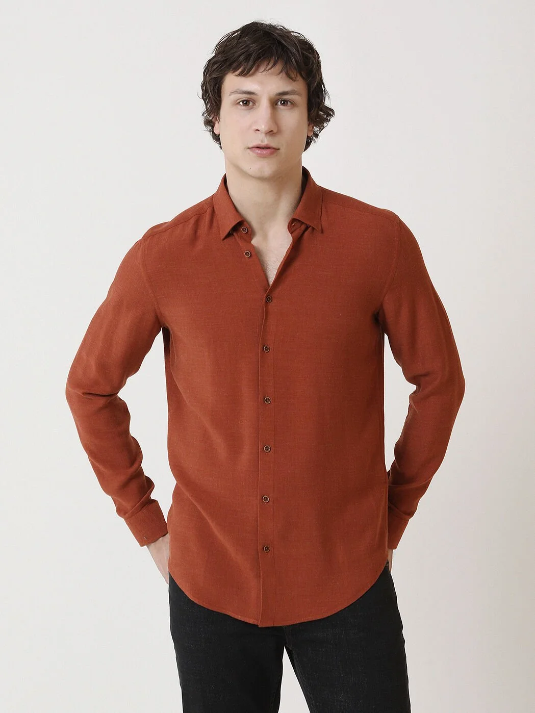 Koyu Turuncu Düz Regular Fit Dokuma Casual Gömlek - 1