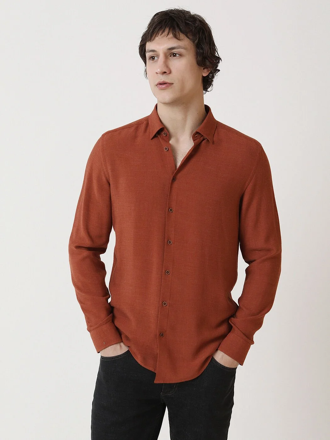Koyu Turuncu Düz Regular Fit Dokuma Casual Gömlek - 3