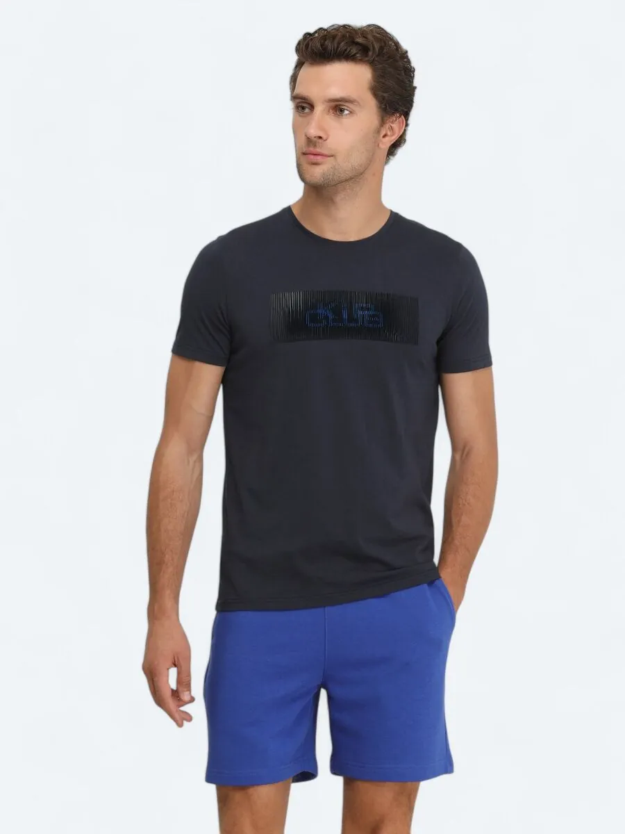 Lacivert Baskılı Bisiklet Yaka %100 Pamuk T-Shirt - 1