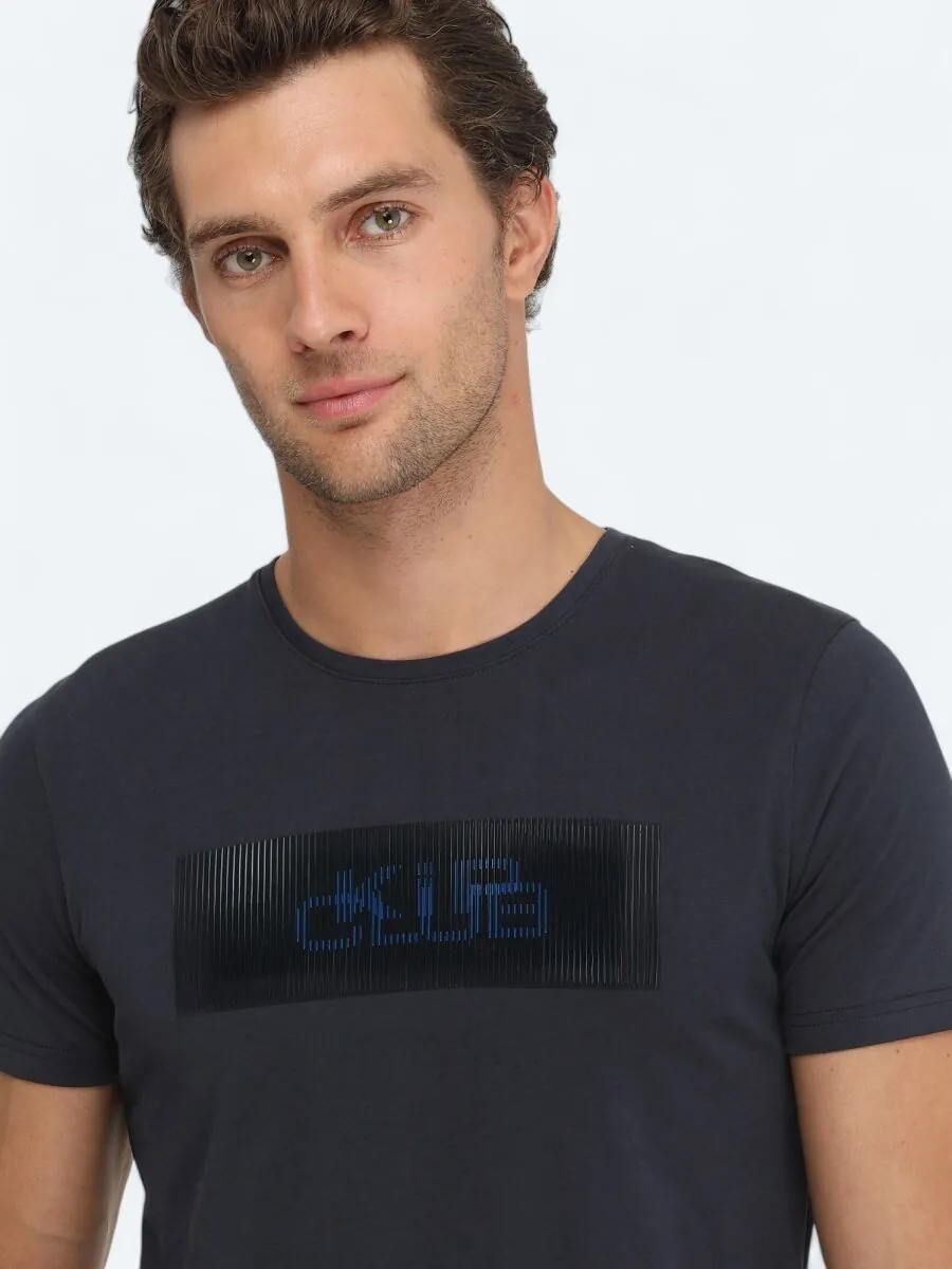 Lacivert Baskılı Bisiklet Yaka %100 Pamuk T-Shirt - 4