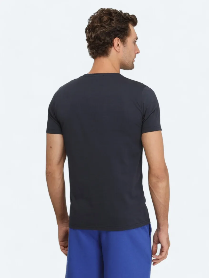 Lacivert Baskılı Bisiklet Yaka %100 Pamuk T-Shirt - 5
