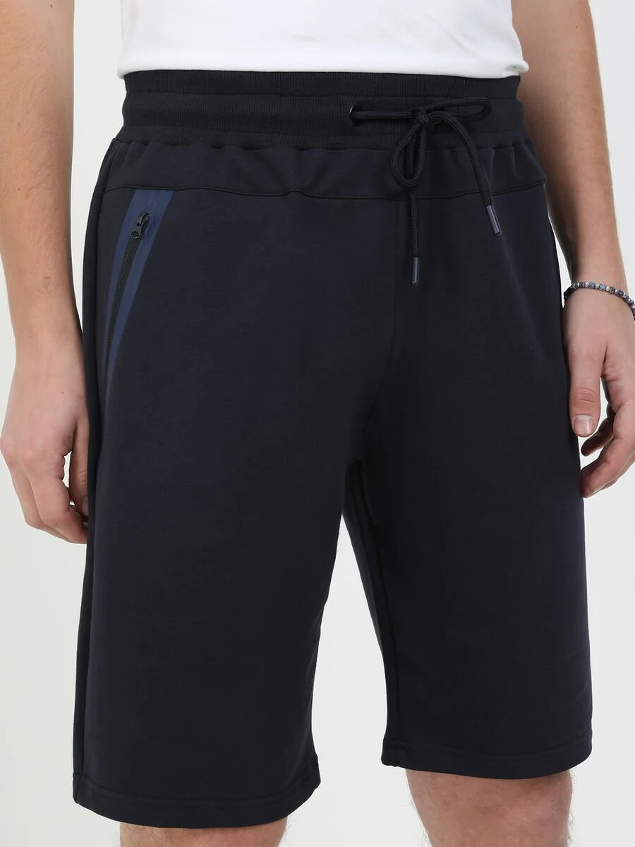 Lacivert Baskılı Örme Slim Fit Casual Pamuk Karışımlı Bermuda - 1