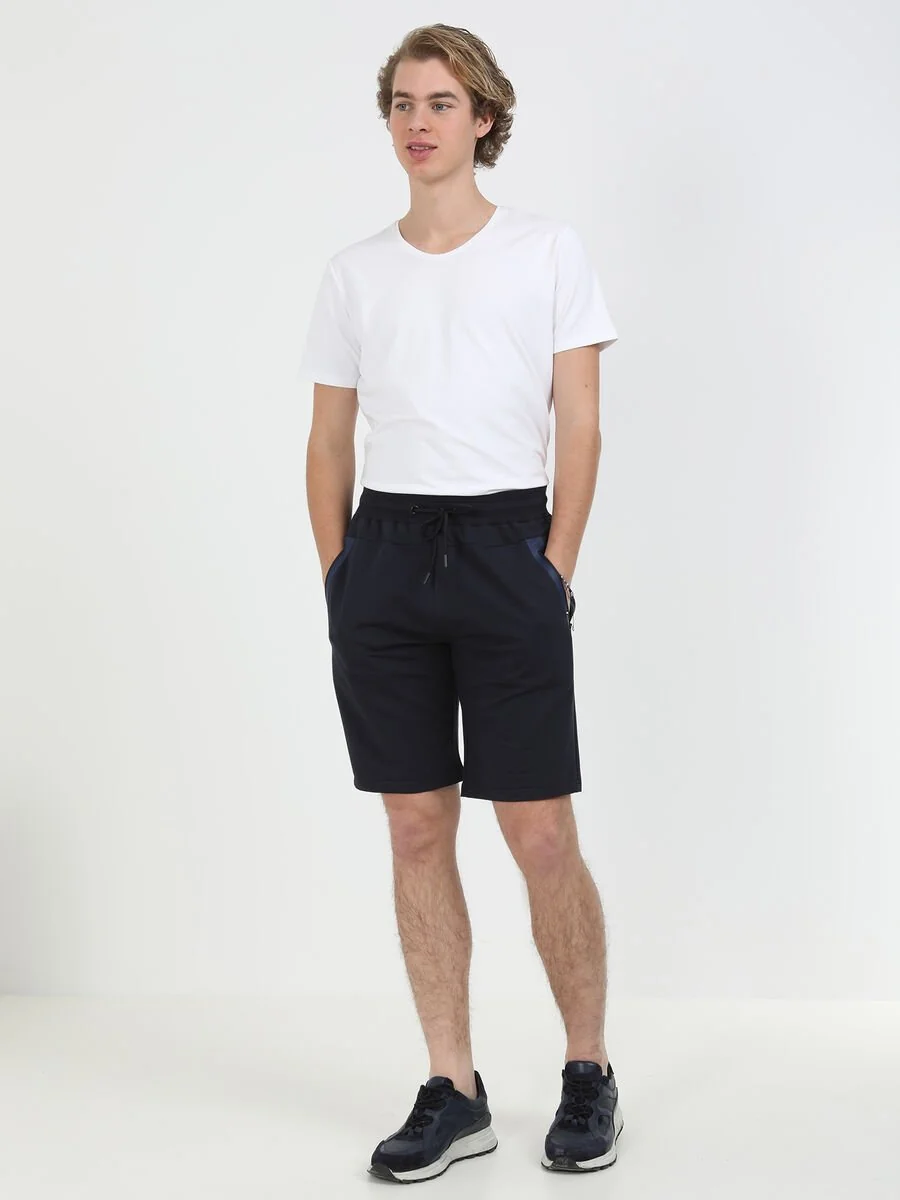 Lacivert Baskılı Örme Slim Fit Casual Pamuk Karışımlı Bermuda - 2