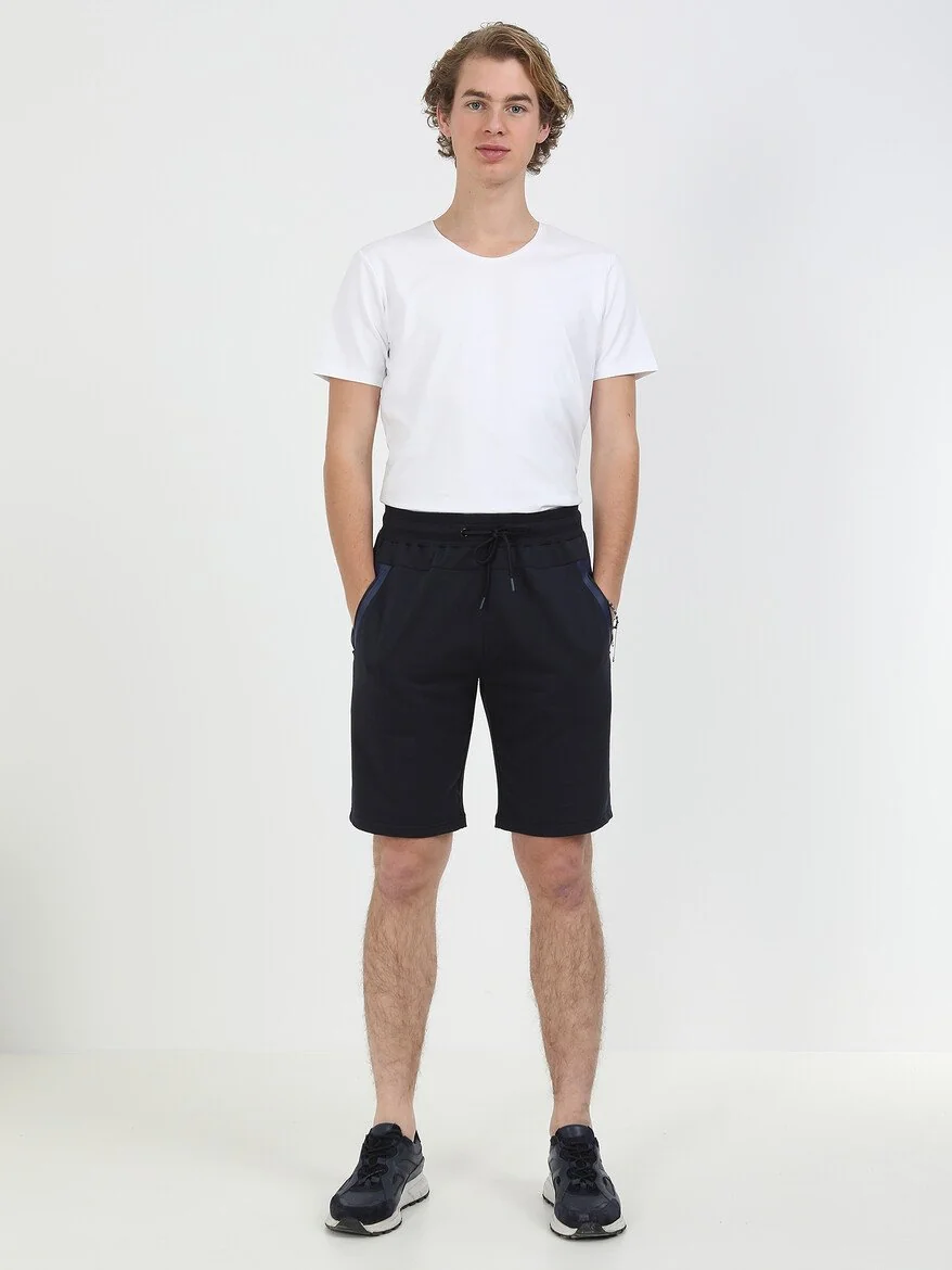 Lacivert Baskılı Örme Slim Fit Casual Pamuk Karışımlı Bermuda - 3