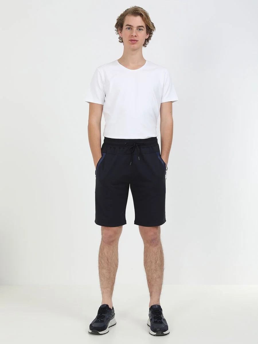 Lacivert Baskılı Örme Slim Fit Casual Pamuk Karışımlı Bermuda - 3