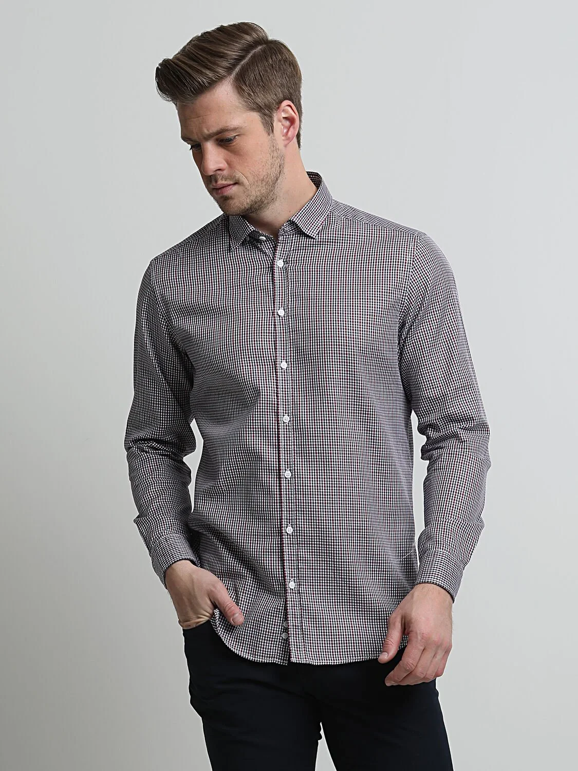 Lacivert Baskılı Regular Fit Dokuma Casual %100 Pamuk Gömlek - 1