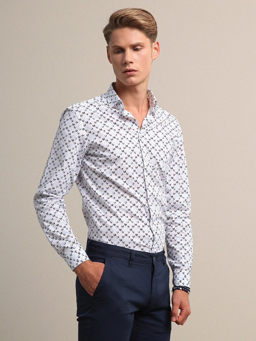 Lacivert Baskılı Slim Fit Dokuma Casual %100 Pamuk Gömlek - 1
