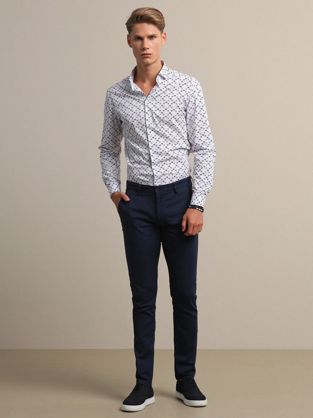 Lacivert Baskılı Slim Fit Dokuma Casual %100 Pamuk Gömlek - 2