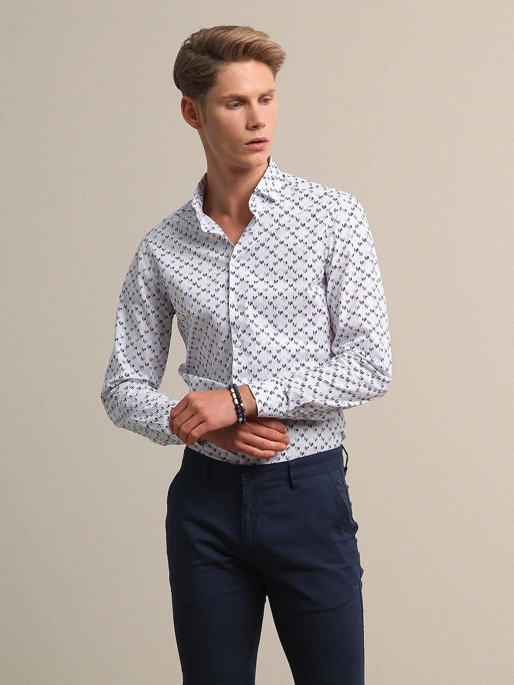 Lacivert Baskılı Slim Fit Dokuma Casual %100 Pamuk Gömlek - 3